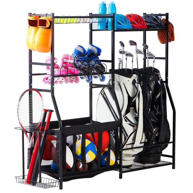 True & Tidy Garage Sports Equipment Organizer with Baskets and Hooks