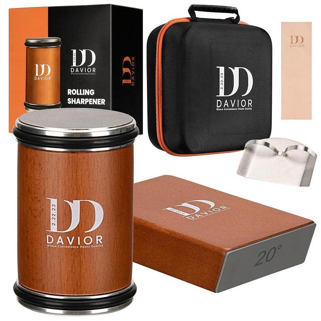Davior Rolling Knife Sharpener Kit with Diamond Discs, 15° & 20° Multi Angle Magnetic Knife Sharpener Roller Tool for Kitchen and Pocket Knives, Finger Protector, Leather Strop & Carry Bag