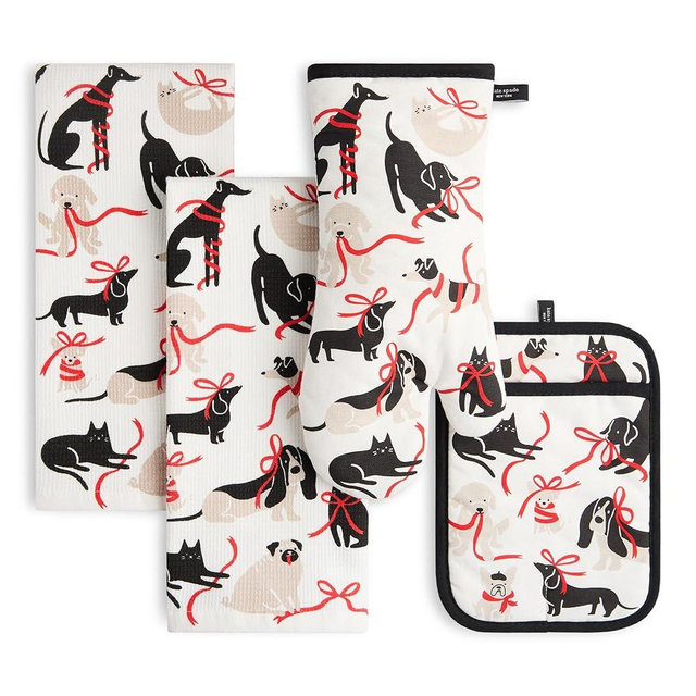 kate spade new york Holiday Pets Kitchen Towel, Oven Mitt & Pot Holder 4-Pack Set, Absorbent & Heat Resistant, 100% Cotton, Black/White/Red, 17"x28", 7"x13", 7"x10"