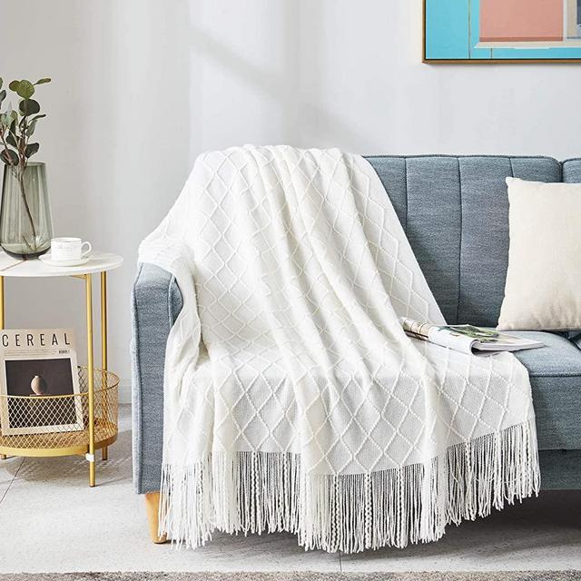 TOUCHAT Knitted Throw Blankets for Couch, Sofa and Bed, Lightweight Soft Knit Blanket with Tassel, Decorative Cozy Farmhouse Throw Blankets for Women and Man (50"x60", Cream White-D)