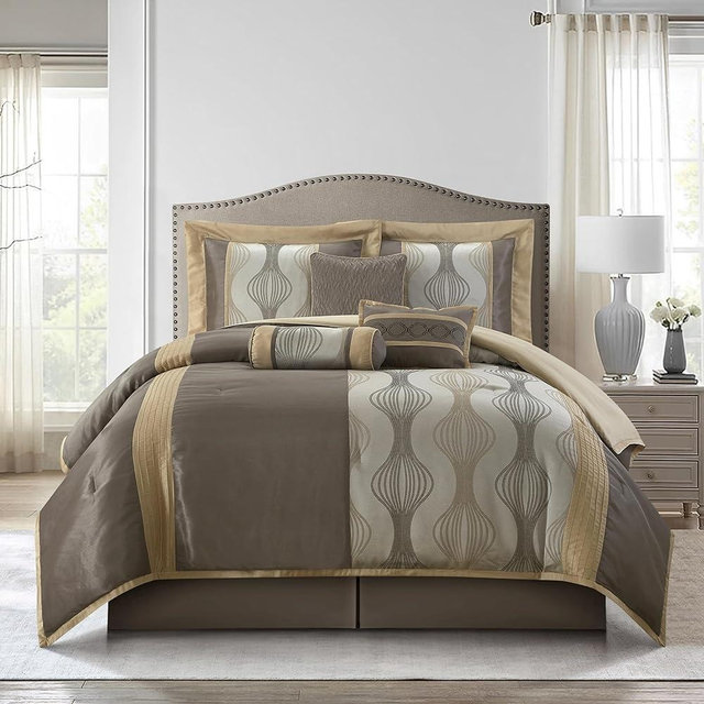 Stratford Park 7 Piece Grey Gold Comforter Set, King Size Jacquard Bedding Set, All Season Geometric Patchwork Bedding Set, Matching Pillows, Shams, Bed Skirt