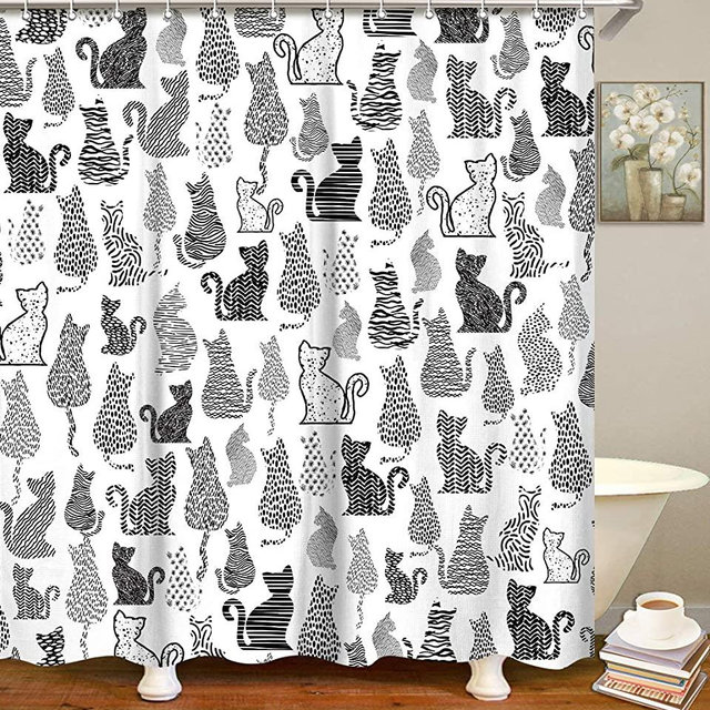 LIVILAN Cat Shower Curtain for Bathroom Cute Shower Curtain with 12 Hooks Kitten Animal Decorative Black and White Fabric Bath Curtain Gift for Cat Lovers Kids and Girls Machine Washable (72"W X 72"H)