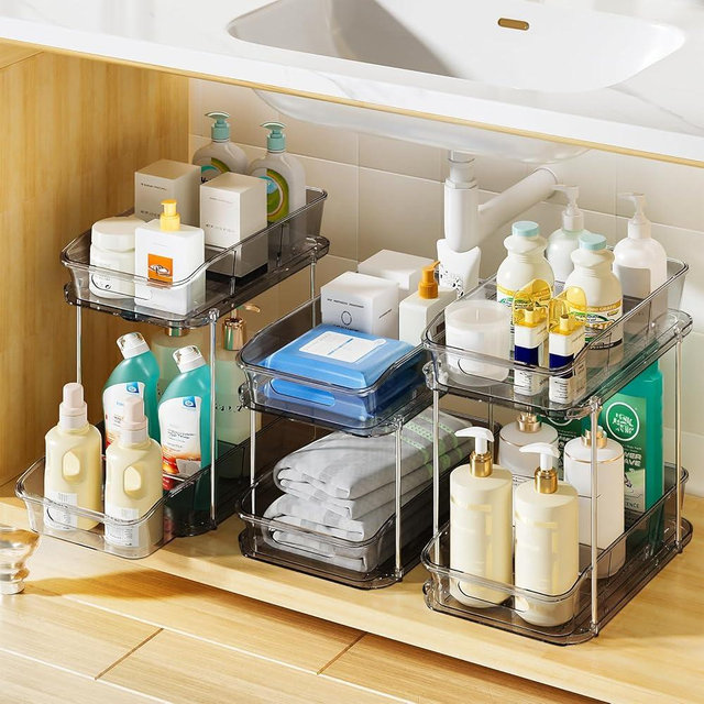 Delamu 2-Tier Under Sink Organizers and Storage, Multi-Purpose Stackable Bathroom Cabinet organizers, Pull Out Kitchen Pantry Organization and Storage with Dividers(3 Pack, Grey)