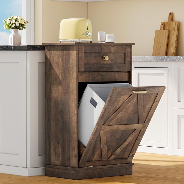 YESHOMY Tilt Out Trash Cabinet,10 Gallon Hidden Wooden Bin Cabinets, Laundry Hamper with Drawers, for Kitchen, Dining Room(Dark Brown)