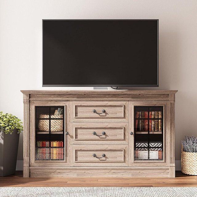 IRONCK Farmhouse TV Stand for 65 Inch TV with Outlets, 59" Entertainment Center with 3 Drawers and 2 Storage Cabinet, Glass Doors and Adjustable Shelf, Console Tables for Living Room, Light Rustic Oak