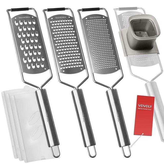 Vovoly 4-Pcs Pro Set Zester Grater Set, Cheese Grater with Razor-Sharp Stainless Steel Blade, Fine/Coarse/Extra Coarse/Slider Attachment