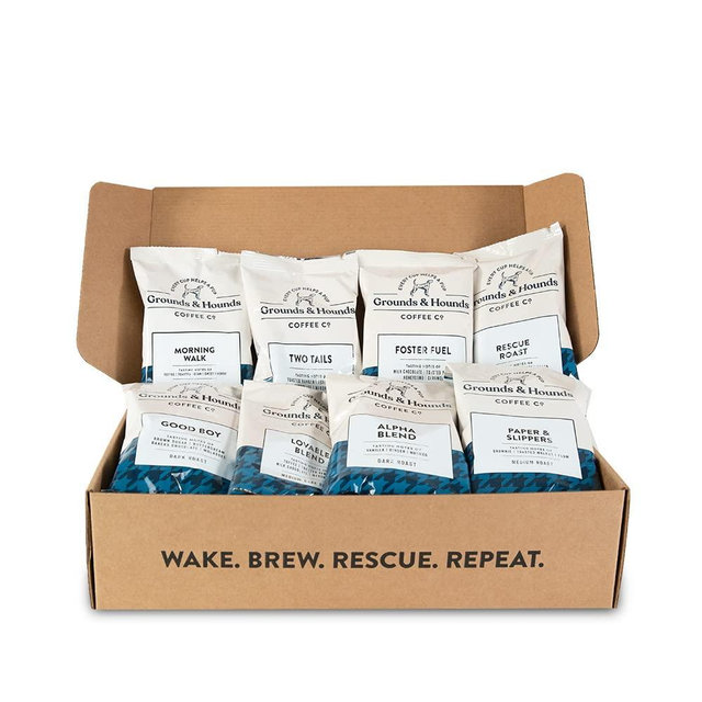 Grounds & Hounds Eight Coffee Blend Sample Kit - 100% Organic Coffee Grounds Variety Pack, Includes Eight 2.5oz Packs of Our Most Popular Blends