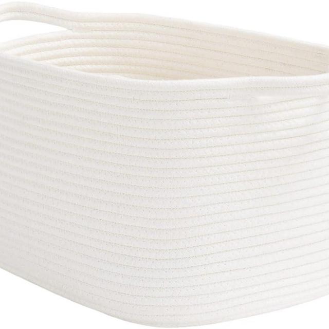 Goodpick White Woven Rope Basket with Handles, Medium Rectangle Basket for Books, Toys, Towels, Square Decorative Basket for Living Room, Nursery, Shelf Basket for Bedroom, 13" x 10" x 9"