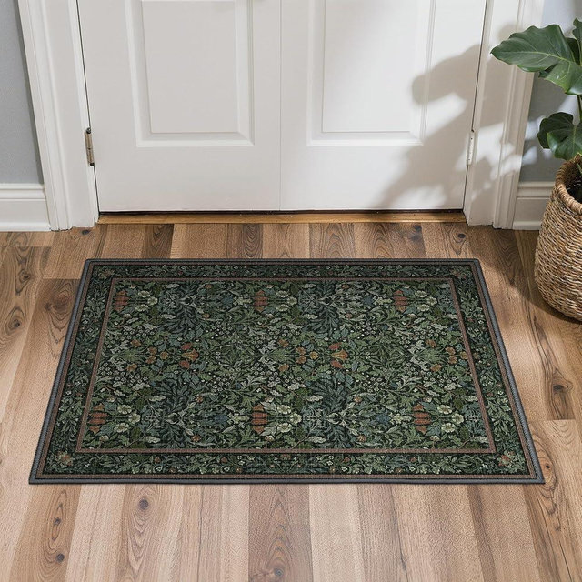 GENIMO 2x4 Washable Small Entryway Rug, Non-Slip Front Door Mat for Kitchen, Bathroom, Laundry, Vintage Boho Floral Thin Indoor Carpet, Dark Green