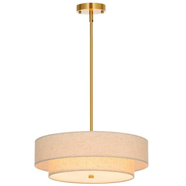 VONLUCE 4-Light Drum Chandeliers, 18" Pendant Light Fixture with 2-Layer Fabric Shade E26 Bases, Adjustable Swivel Joint Hanging Light Fixture for Bedroom Living Room Kitchen Hallway, Antique Brass