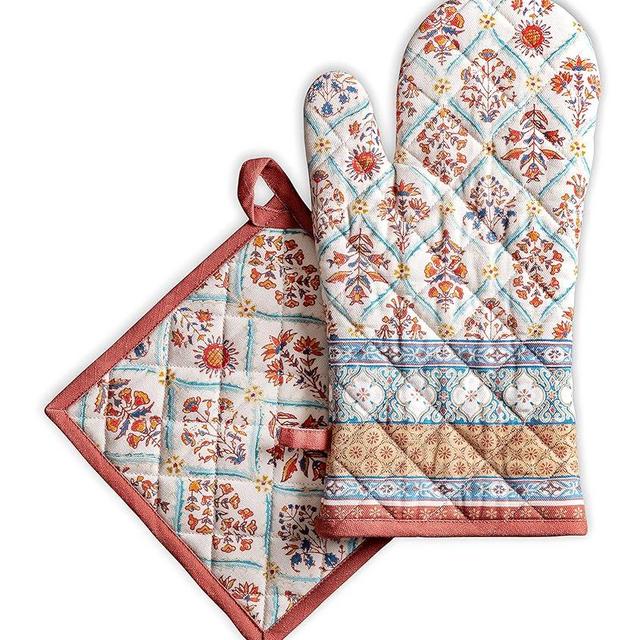 Maison d' Hermine Oven Mitt (7.5"x13") & Pot Holder (8"x8") 100% Cotton Kitchen Oven Mitt + Pot Holder Heat Resistant for Gifts, Banquet, BBQ, Barbeque, Romane - Thanksgiving/Christmas