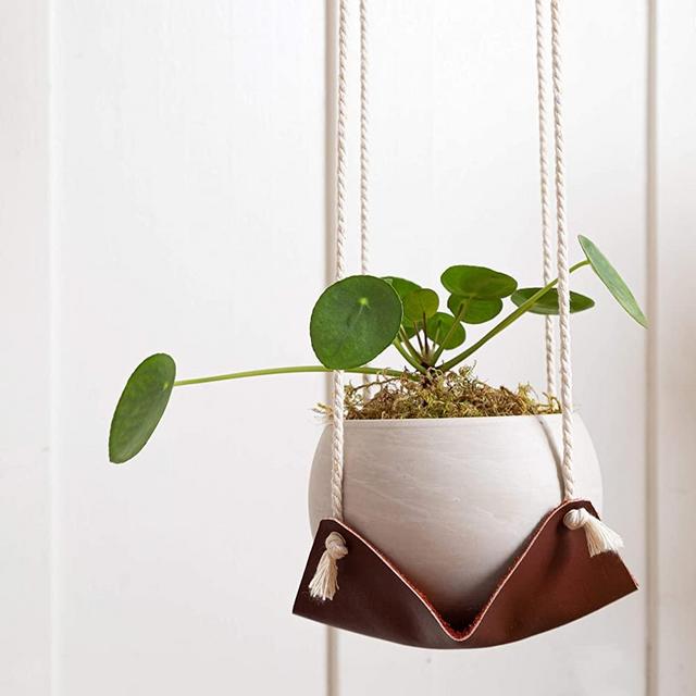 KEYAIIRA - Leather Plant Hanger - boho indoor modern plant pot holder macrame hanging basket for large and small plants Scandinavian decor jungalow hanging planter shelf hammock