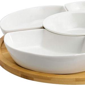 Elama Ceramic Stoneware Condiment Appetizer Set, 6 Piece, Compartment Round in White and Natural Bamboo