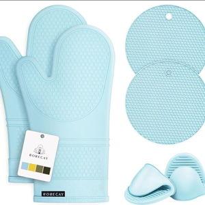 Rorecay 6pcs Oven Mitts and Pot Holders Sets, Extra Long Silicone Oven Gloves Heat Resistant 500 Degrees Non-Slip Potholders Hot Pads for Kitchen Baking Cooking, Quilted Liner, Winter Sky