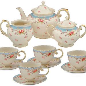 Gracie China by Coastline Imports Vintage Blue Rose Porcelain 11-Piece Tea Set, Blue