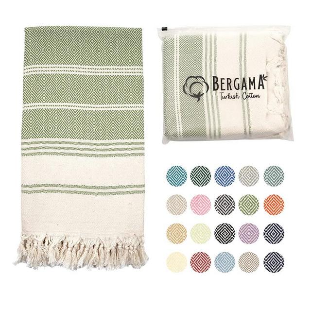 BERGAMA Turkish Beach Towel | 100% Cotton, Prewashed, 38 x 71 Inches | Quick Dry, Sand Free, Lightweight | Large Bath Towel for Beach, Pool, Bathroom, SPA, Gym, Picnic and Yoga Blanket (Khaki)