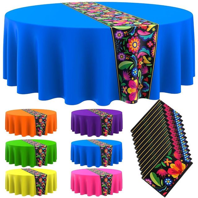 Oudain 12 Pcs Mexican Round Tablecloth 84 Inch Plastic Table Cover Mexican Waterproof Disposable Table Cloth Decorative Day of the Dead Tablecloth (Multicolor)