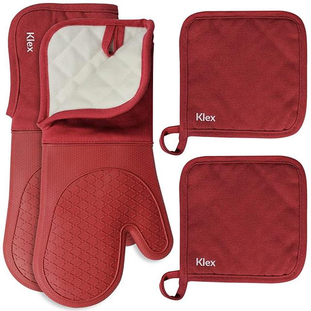 KLEX 15" Silicone Oven Mitts and Pot Holders 4-Piece Set, 932°F Degrees Heat Resistance, Comfortable Fleece Quilted Cotton Lining Oven Gloves and Hot Pads for Cooking, Baking and Grilling, Red