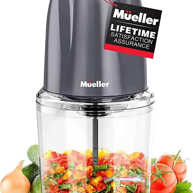 Mueller Electric Chopper Mini Food Processor for Vegetables, Fruits, Nuts, Meats, and Puree - 2 Stainless Steel Blades & Whisk for Chopping, Blending, Slicing, Whisking, Gray