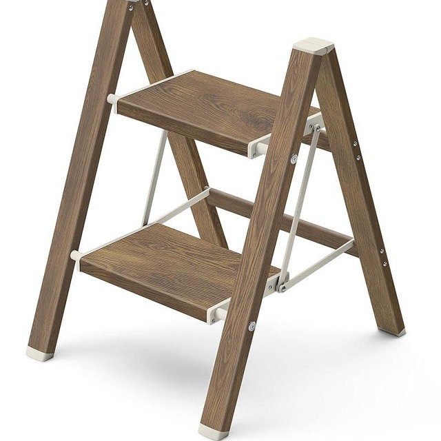 Mayi Plus 2 Step Ladder,Aluminum Folding Step Stool for Adults,Step Ladder with Wide Anti-Slip Pedal,330 lbs Capacity for Home,Kitchen,Library,Office(Cherry Woodgrain)