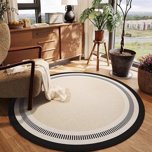 Modern Elegant Machine Washable Beige White Black Round Area Rug 5x5 Non Shedding Wool Soft Unique Aesthetic Rug for Bedroom Diningroom Livingroom Kitchen Art Deco Office Dorm Indoor Floor Carpet
