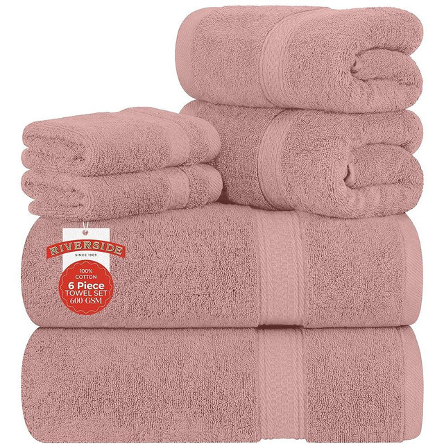 RIVERSIDE Luxury 6 Piece Towel Set, 2 Bath Towels, 2 Hand Towel, 2 Wash Cloths, 100% Cotton, 600 GSM Hotel Quality, Soft, Highly Absorbent Towels for Bathroom, Blush Pink Towel Sets