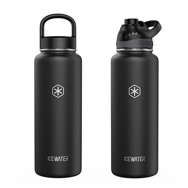 ICEWATER-40 oz, Auto Spout Lid + Wide Mouth Lid, Stainless Steel Water Bottle, BPA Free, Double Walled Vacuum, Lockable Lid, Leak Proof, Pop-up Top, One-handed Operation (40 oz, Black)