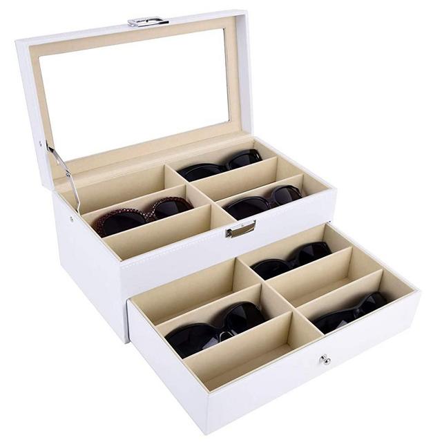 AUTOARK Leather 12 Piece Eyeglasses Storage and Sunglass Glasses Display Drawer Lockable Case Organizer,White,AW-053
