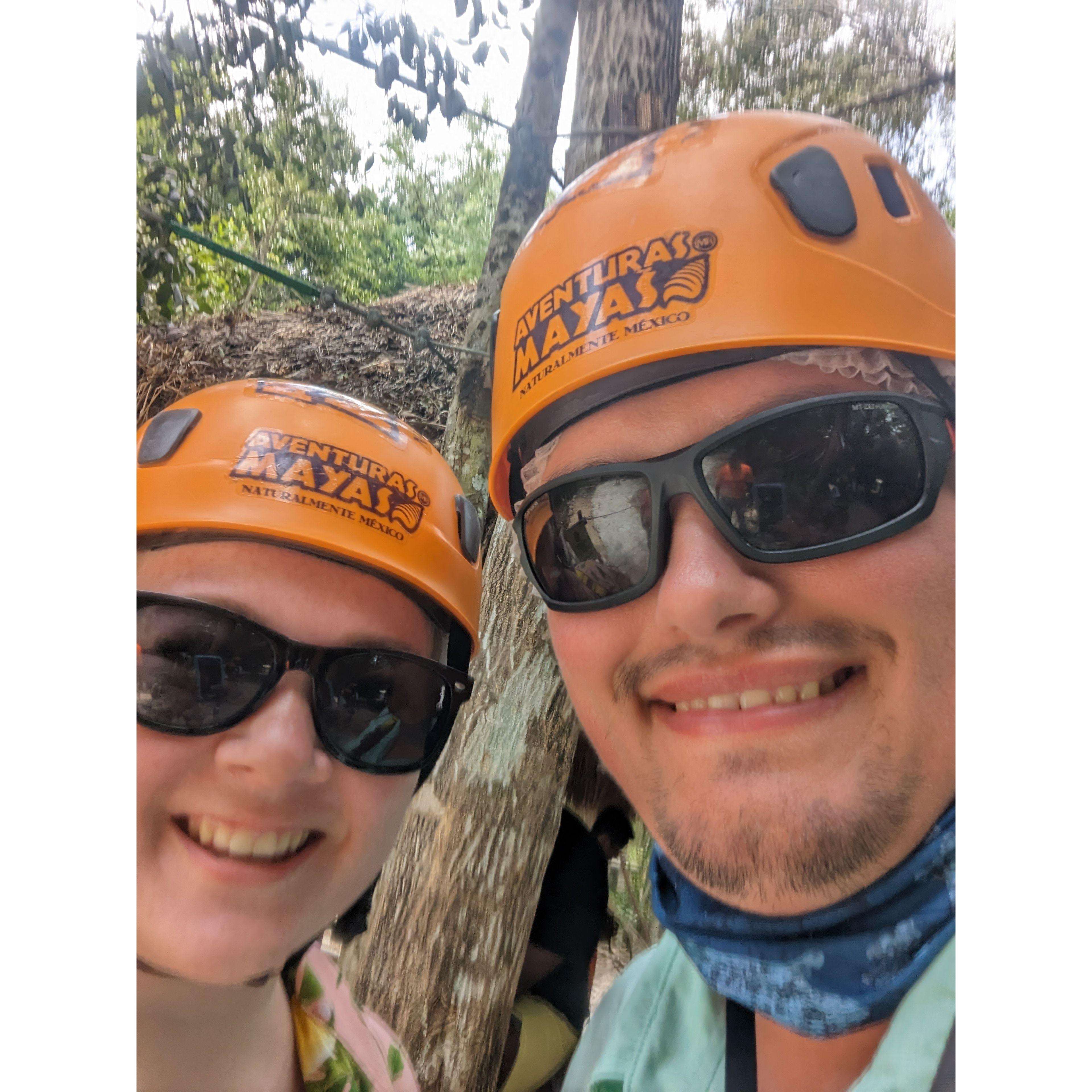 Tori and Tom geared up and ready for zip-lining.