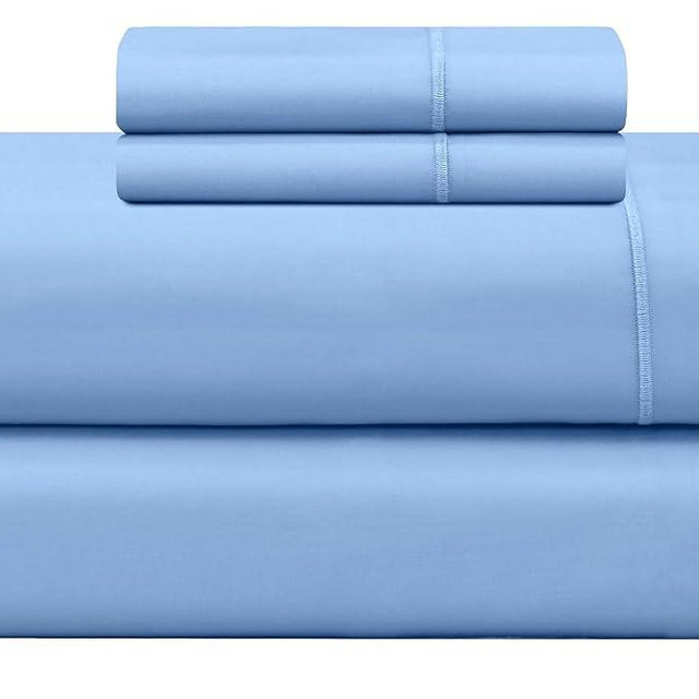 Feather & Stitch 500 TC King Size 4pc Damask Bed Sheet Set, 100% Soft Cotton Breathable Bedsheets, 18" Deep Pockets Sateen Weave Striped Bedding Mattress Resort Hotel Luxury Decor - (Blue)