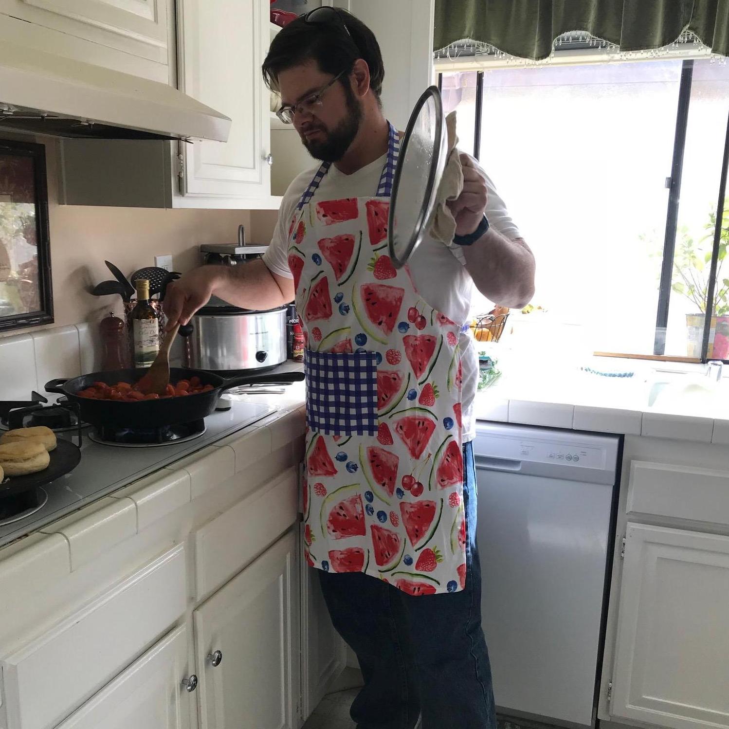 Jacob is cooking on Easter 2019. Doesn't he look good in an apron!