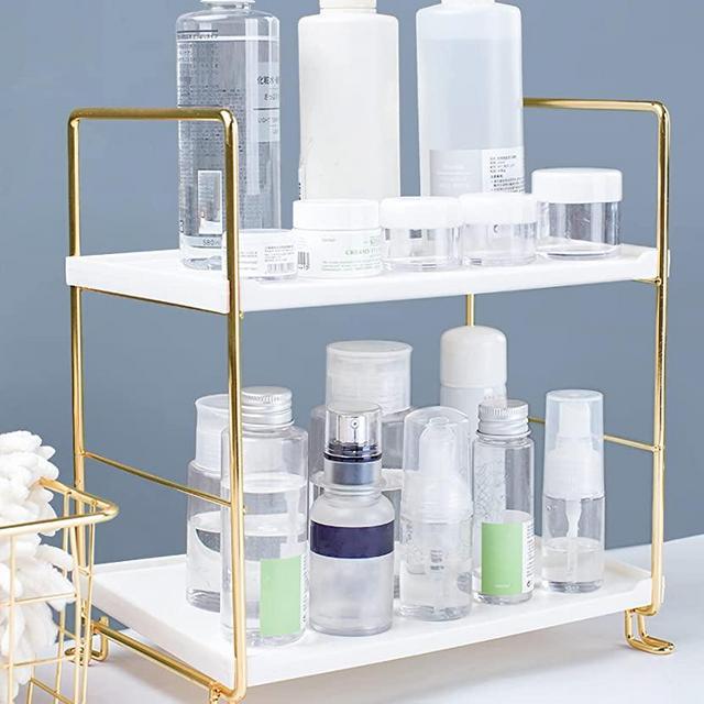 FSyueyun 2-Tier Makeup Shelf Organizer, Kitchen Spice Rack or Bathroom Countertop Organizer Vanity Bedroom Storage Tray (Gold)