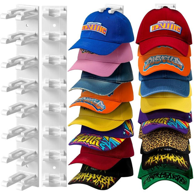 Hat Organizer for Baseball Caps Wall, 2 Pack Hat Holder for Closet Door Hold up to 16 Hats,Hat Hook with Adhesive and 8 Screws, Hat Hanger Cap Holder Hat Hangers for Wall Closet Door Bedroom(A-White)