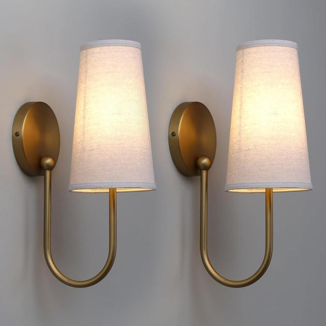Yosoan Brass Linen Fabric Shade Wall Sconce Set of 2, Vanity Aged Vintage Industrial Hardwired Gold Boho Wall Mounted with Long Cone Shade for Bedroom Living Room Hallway Mirror Stairwell(Antique)