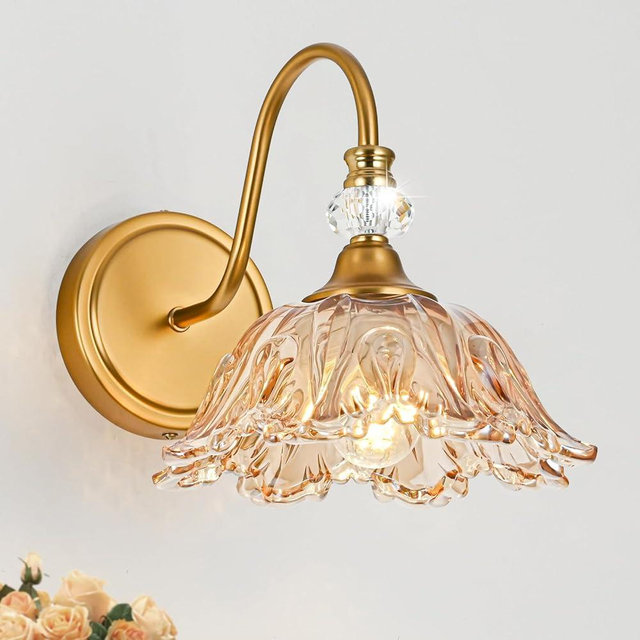 sunkryster Vintage Wall Sconces with Floral Amber Glass Shades,Matte Antique Brass Finish Wall Mount Lighting for Bathroom,Vintage Bathroom Vanity Light Fixtures
