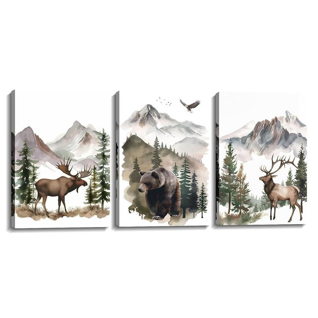 Woodland Animal Canvas Wall Art 3 Piece - Moose Elk Bear in Forest Picture Vintage Painting Rustic Farmhouse Wildlife Prints Home Wall Decor Framed(Art-3,16.00"x24.00"x3P)