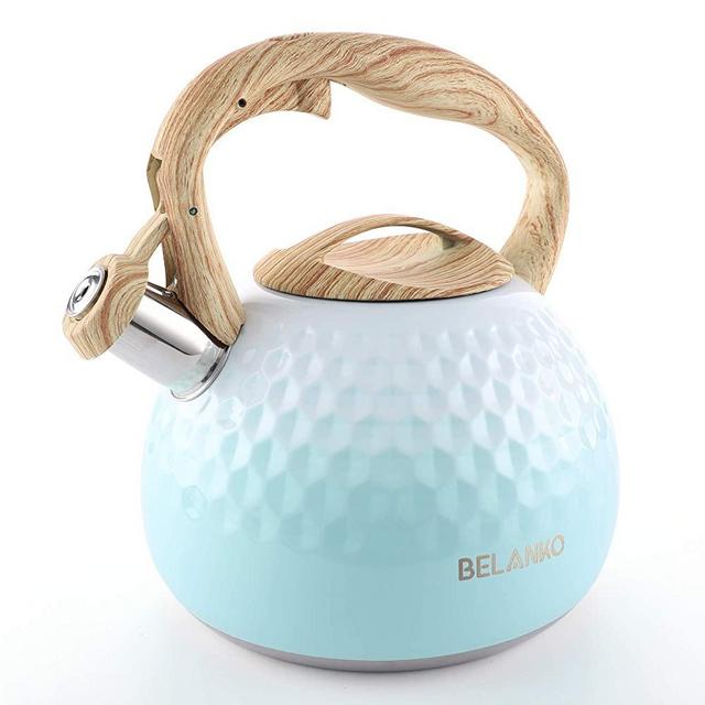 Tea Kettle, 2.7 Quart BELANKO Teapot Whistling Kettle with Wood Pattern Handle Loud Whistle, Food Grade Stainless Steel Tea Pot for Stovetops Induction Diamond Design Water Kettle - Gradient Green