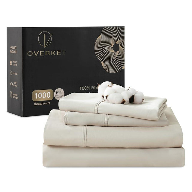 Overket 100% Egyptian Cotton Sheets King Size 1000 Thread Count Sateen Weave Soft Breathable 16-Inch Deep Pocket 4PCS（King,Linen）