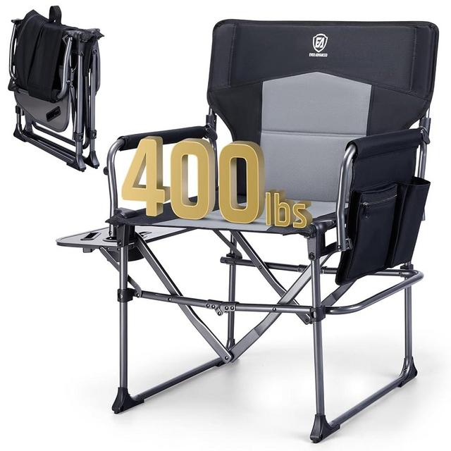 EVER ADVANCED Camping Directors' Chair with Side Table, Portable Folding Chair with Compact Size, Heavy Duty Lawn Chair with Pocket for Camping, Lawn, Sports and Fishing, 400lbs, Black