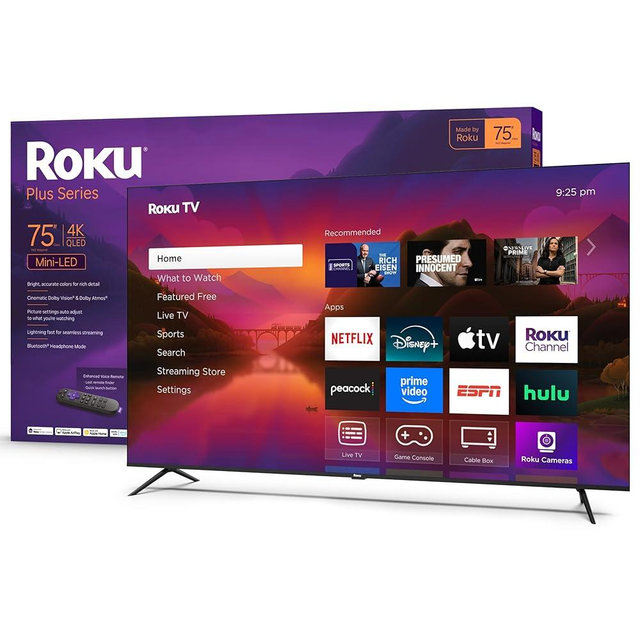Roku Smart TV 2025 – 75-Inch Plus Series, Mini-LED TV – RokuTV with Enhanced Voice Remote – Flat Screen 4K QLED Television with Dolby Vision & Wi-Fi for Streaming Live Local News, Sports