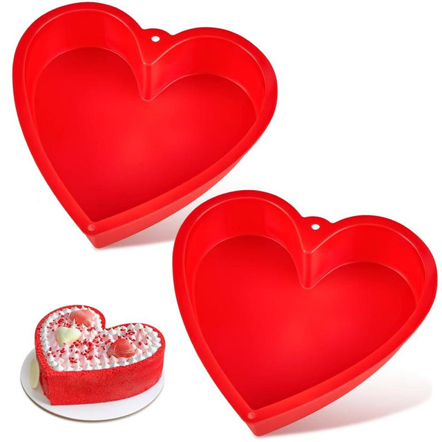 Puyeipt 10 Inch Heart Shaped Cake Pans, 2 Pack Nonstick Silicone Heart Baking Molds for Cakes, Cheesecakes and Brownies (Red)
