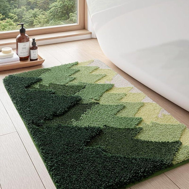 DEXI Bathroom Rugs Non Slip, 20x32 Washable Microfiber Bath Mat Quick Dry, Absorbent Ultra Soft Forest Trees Bathmat for Shower Floor Tub Sink, Green