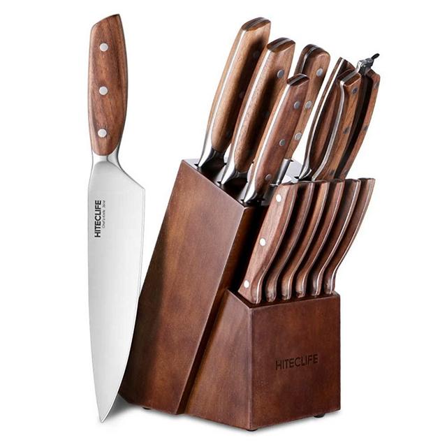 HITECLIFE Knife Set, 14 Pieces Kitchen Knives Set with Wooden Block, High Carbon Stainless Steel Cutlery with Sharpener, Chef Knife, 6 Steak Knives, Solid Wood Handle