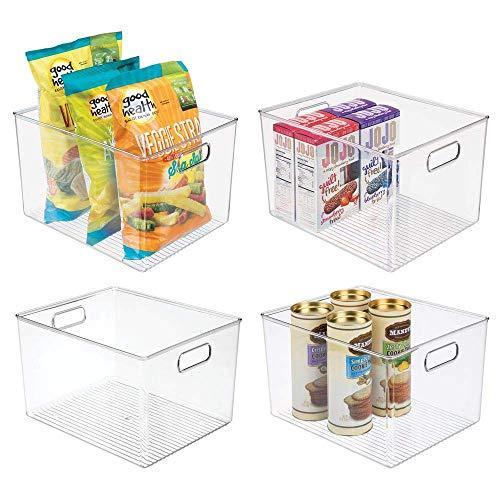 mDesign Plastic Storage Organizer Container Bins Holders with Handles - for Kitchen, Pantry, Cabinet, Fridge/Freezer - Large for Organizing Snacks, Produce, Vegetables, Pasta Food - 4 Pack - Clear