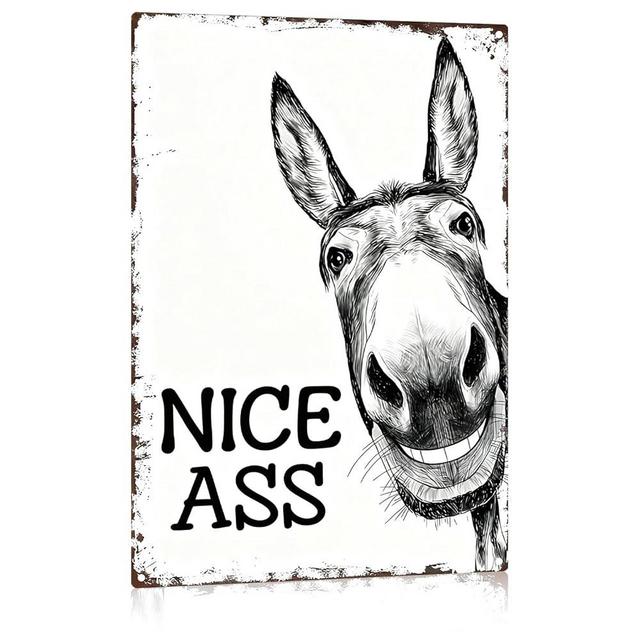 Nice Ass Picture Donkey Metal Tin Sign, Black and White Humorous Vintage Bathroom Wall Art, Farmhouse Decor with Funny Donkey Print, Rustic Western Home Humor Sign for Bathroom, 8x12 Inch