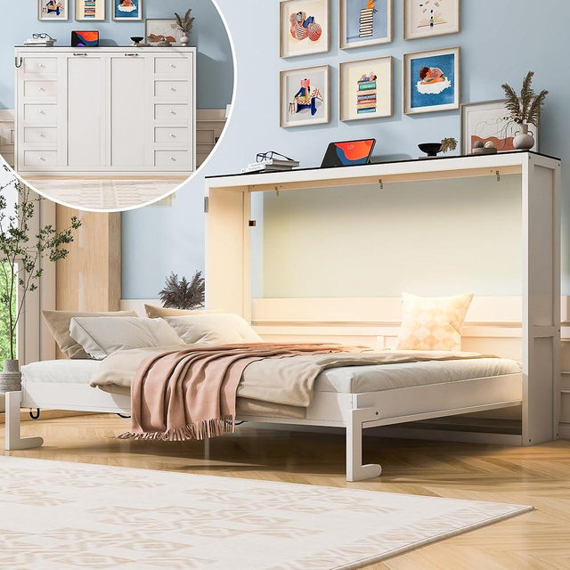 SOFTSEA Queen Size Horizontal Murphy Bed, Farmhouse Murphy Cabinet Bed Wall Bed with LED Lights, Wood Hidden Wall Bed Frame for Home Office Small Space, White