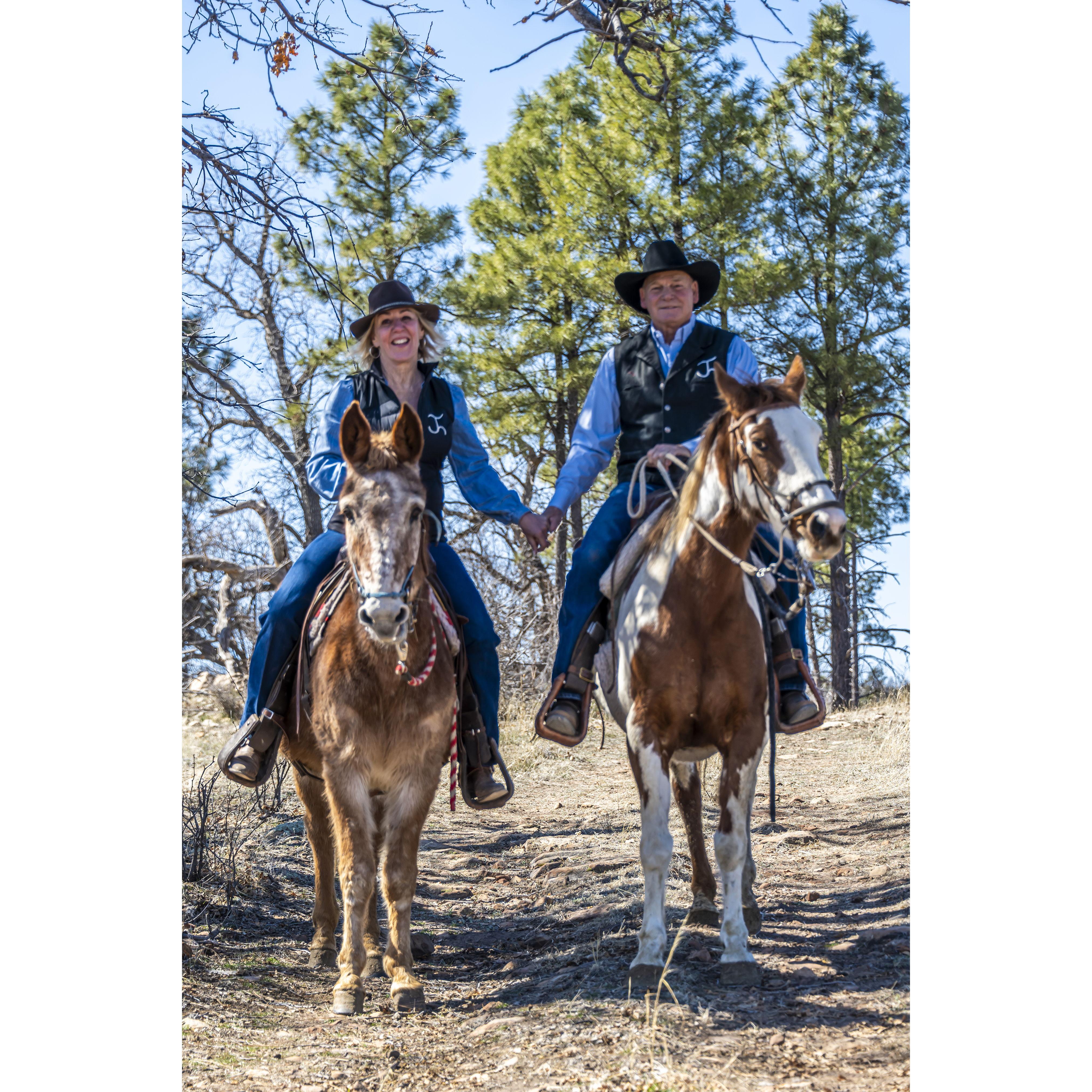 Engagement photo-March 2024. 
Ranch hands Penny (left) and Tobiano (right)