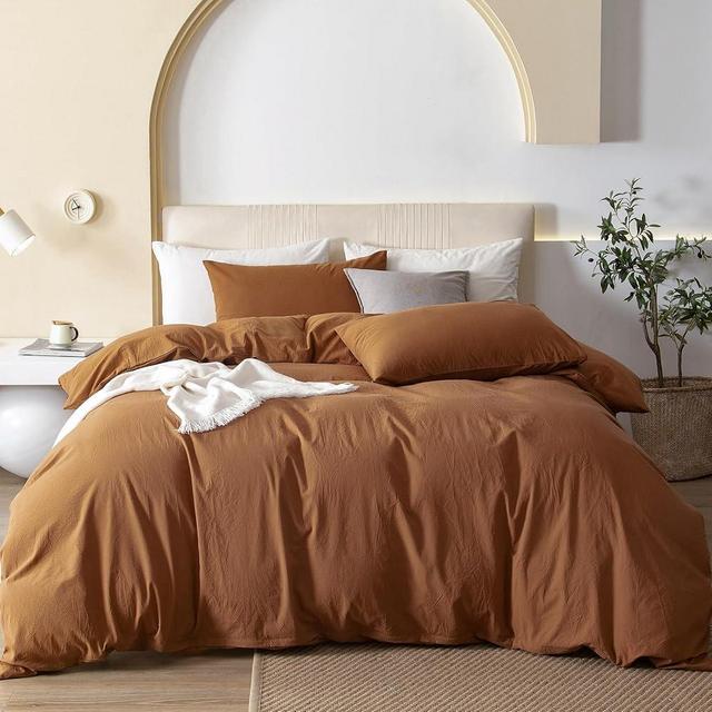 JIYUAN 100% Washed Cotton Duvet Cover Set Comfy Simple Style Soft Breathable Textured Durable Linen Feel Bedding for All Seasons Oversized King, Burnt Orange