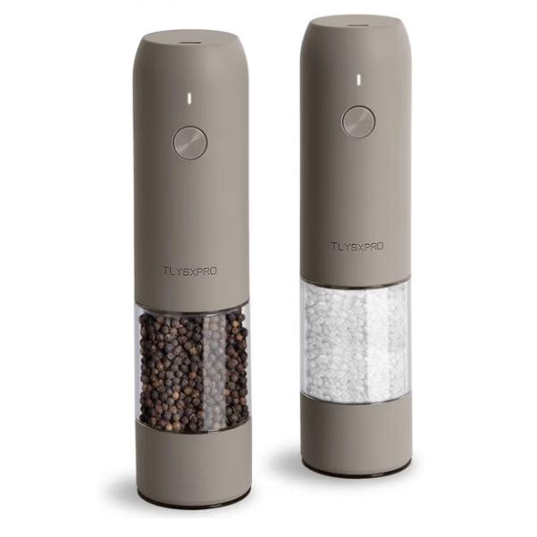 Electric Salt and Pepper Grinder Set, USB Rechargeable, Automatic Salt and Pepper Mill Grinder with Adjustable Coarseness, Electric Salt Shakers, LED Light, Refillable (2 Packs, Greige)