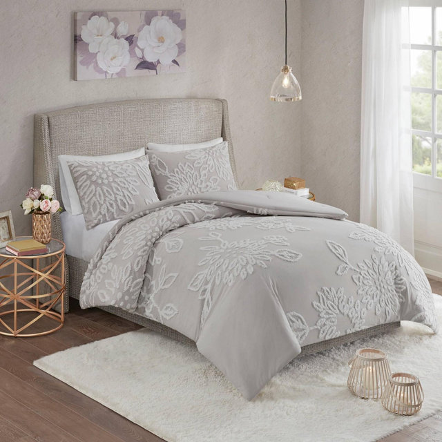 Danica King/California King 3pc Tufted Cotton Chenille Floral Comforter Set Gray/White